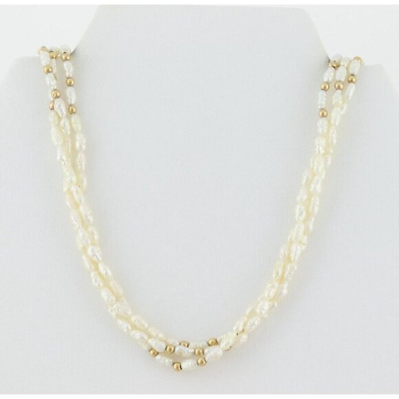 14k Yellow Gold Rice Pearl Gold Bead Three Strand Long 30" Necklace - Picture 5 of 8